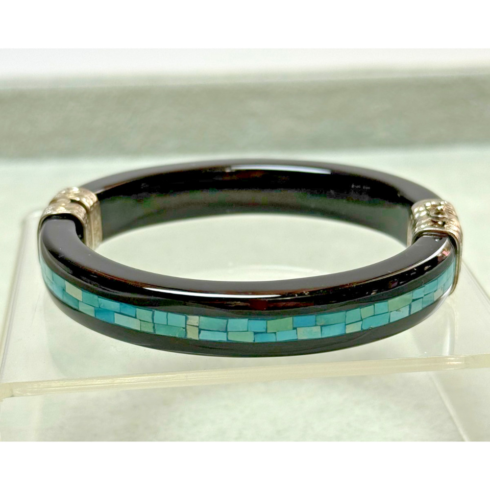 Jay King Desert Rose Trading DTR Mosaic Turquoise Black Agate Hinged Bangle 925
